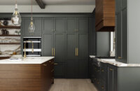 Dark gray-green and rich stained wood kitchen with modern farmhouse style, shiplap wood hood, shiplap kitchen island end cap, and brassy hardware and fixtures. Features floor-to-ceiling dark gray painted cabinets.