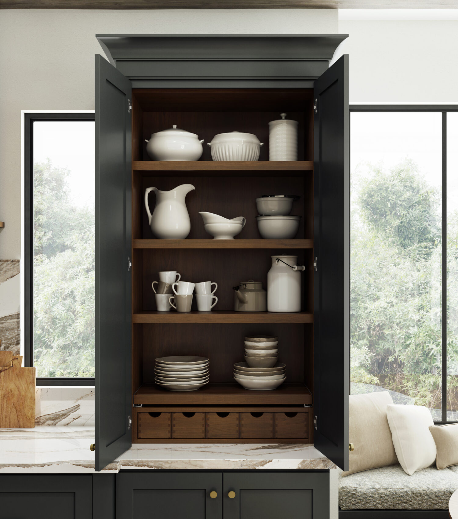 Dura Supreme Cabinetry Storage Larder shown used for dishware.