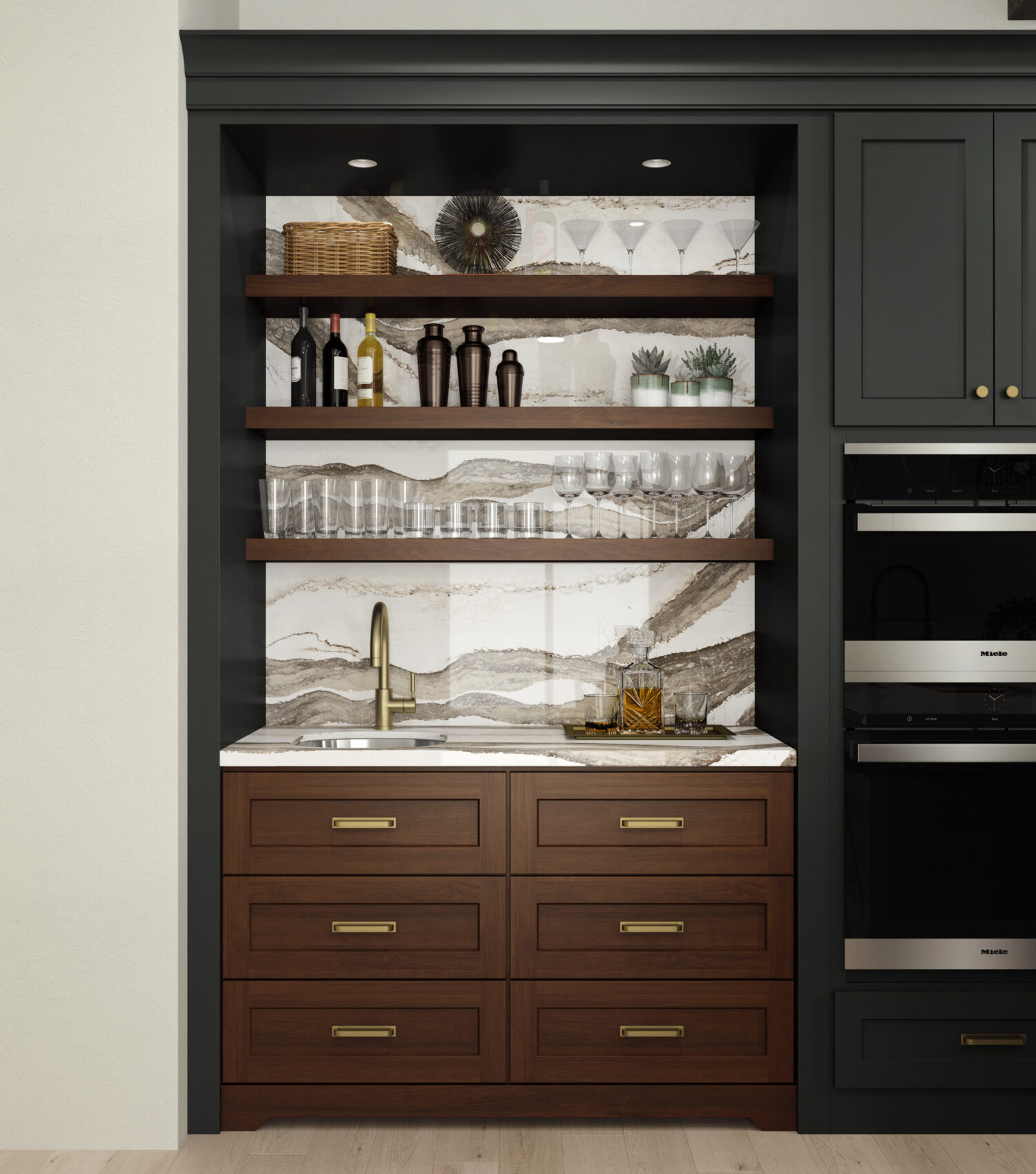 The stunning backsplash behind the floating shelves in this wet bar area adds more emphasis to this beautiful work zone.