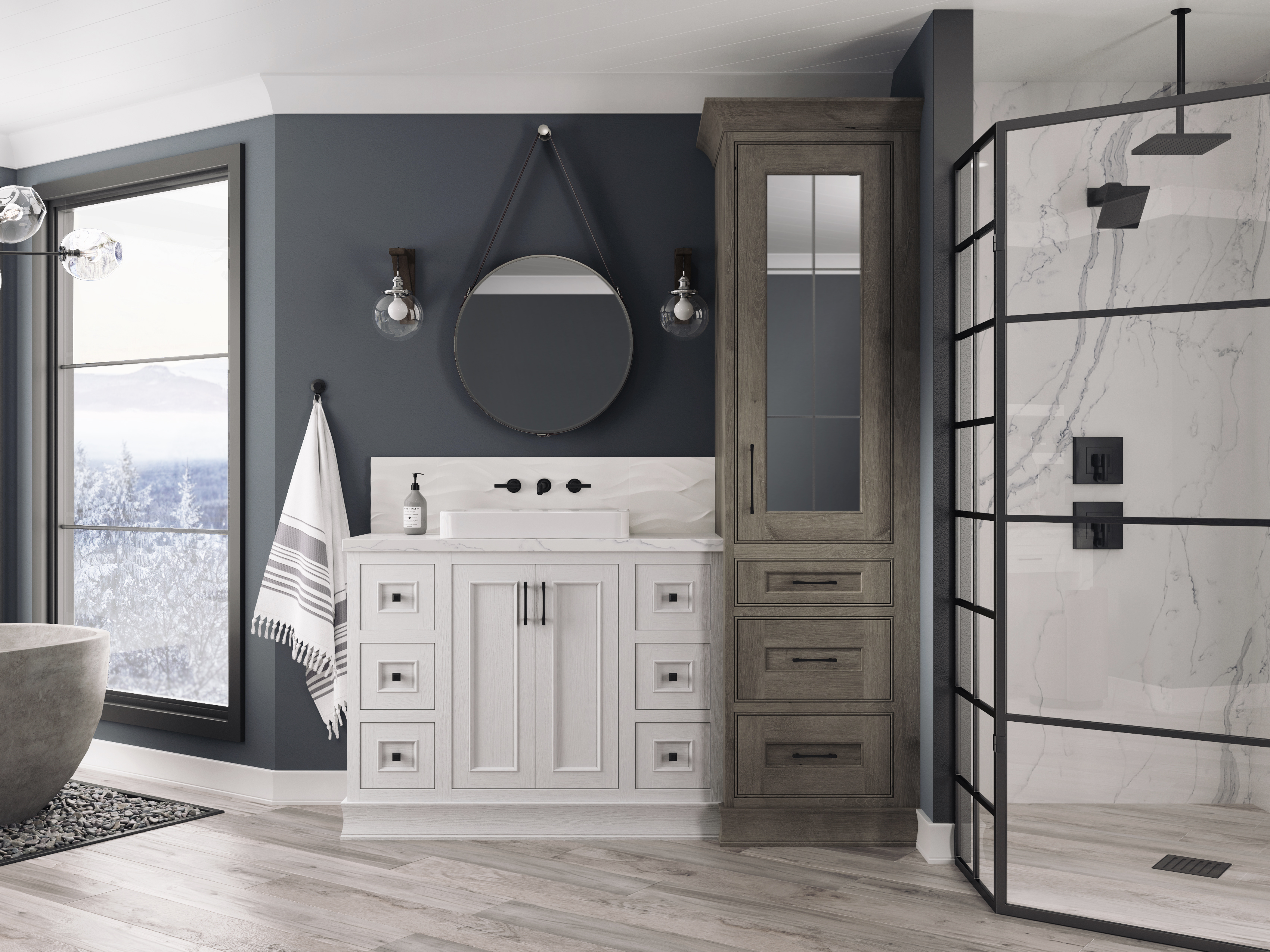 A wintery gray and white master a white painted oak vanity and a tall linen cabinet with a leaded glass mirror door.