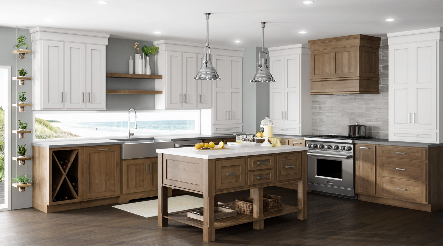 A kitchen layout idea in an L-Shaped kitchen design with a farm table style kitchen island. Standard overlay cabinet doors create add a splash of traditional style in this modern beach home.