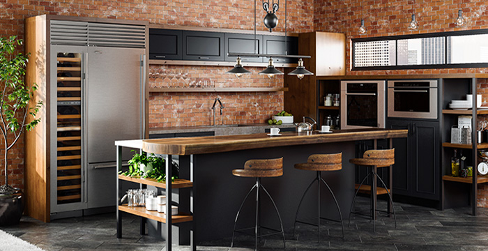 This industrial style kitchen in an urban loft features Dura Supreme's modern Bria Cabinetry with its European styled frameless cabinetry construction.