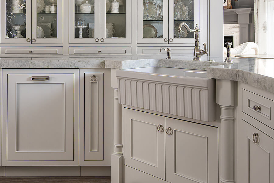 The Clean-Up Kitchen Work Zone. This angled kitchen sink area has lots of storage and a work surface near by. The interior design style is very traditional and classic.