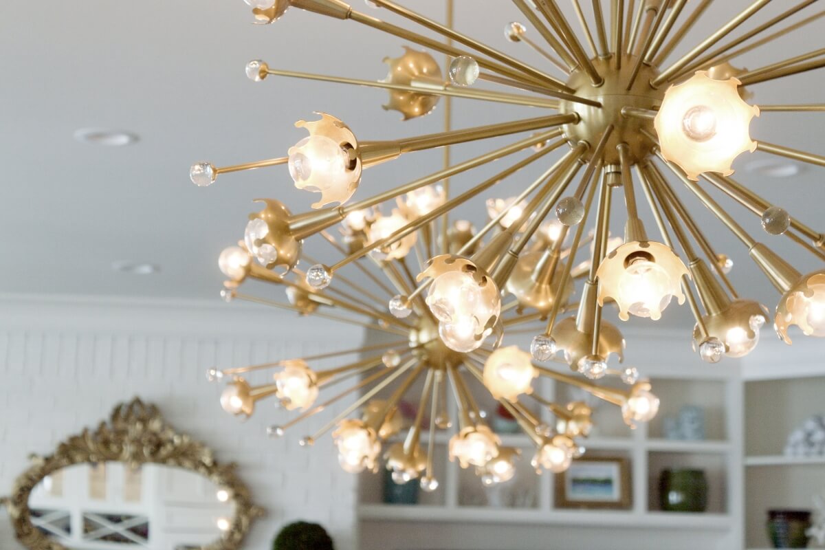 Gold Pendant Lights in a beautiful modern kitchen design with white painted cabinets.