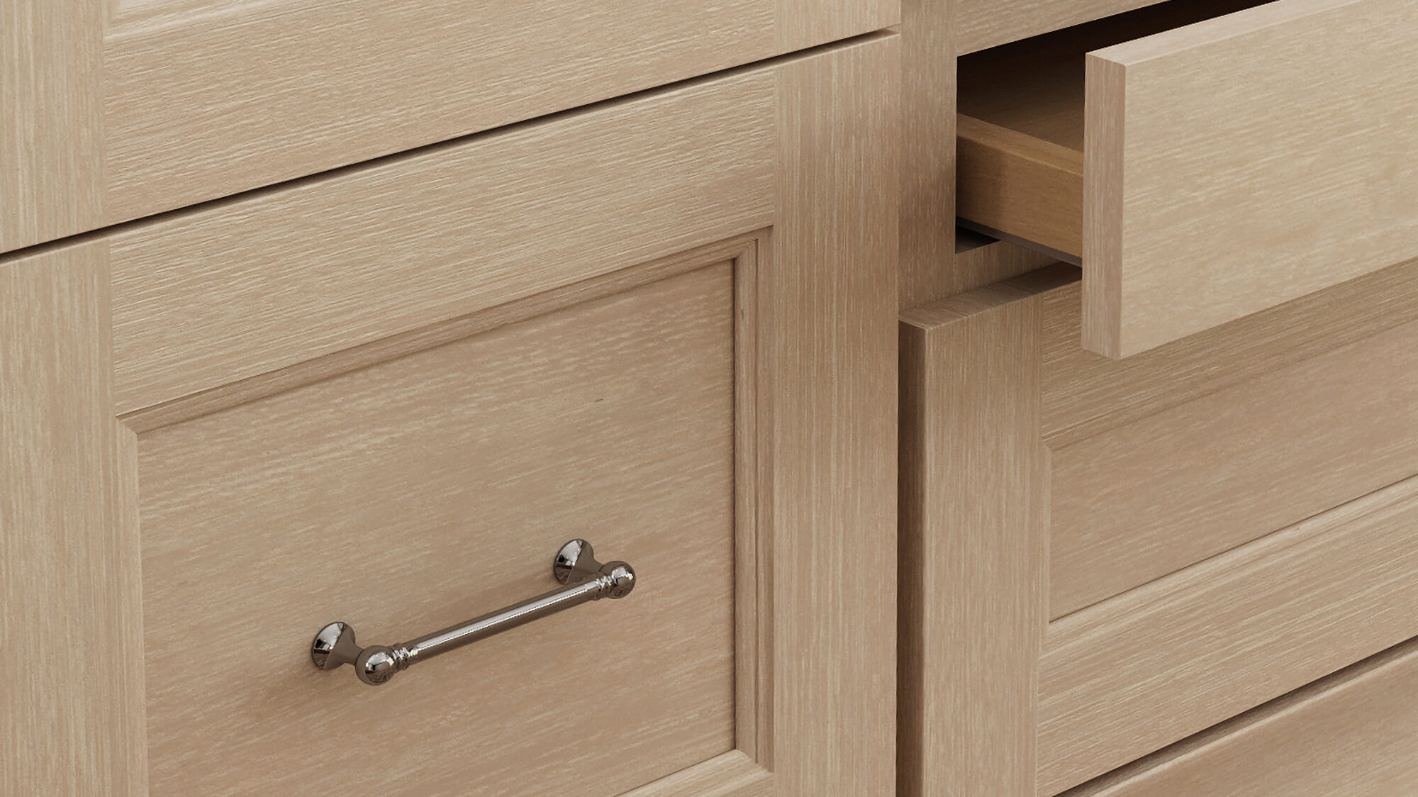 A close up of the Cerused glazed finish on Quarter-sawn White Oak Cabinets crafted by Dura Supreme Cabinetry.