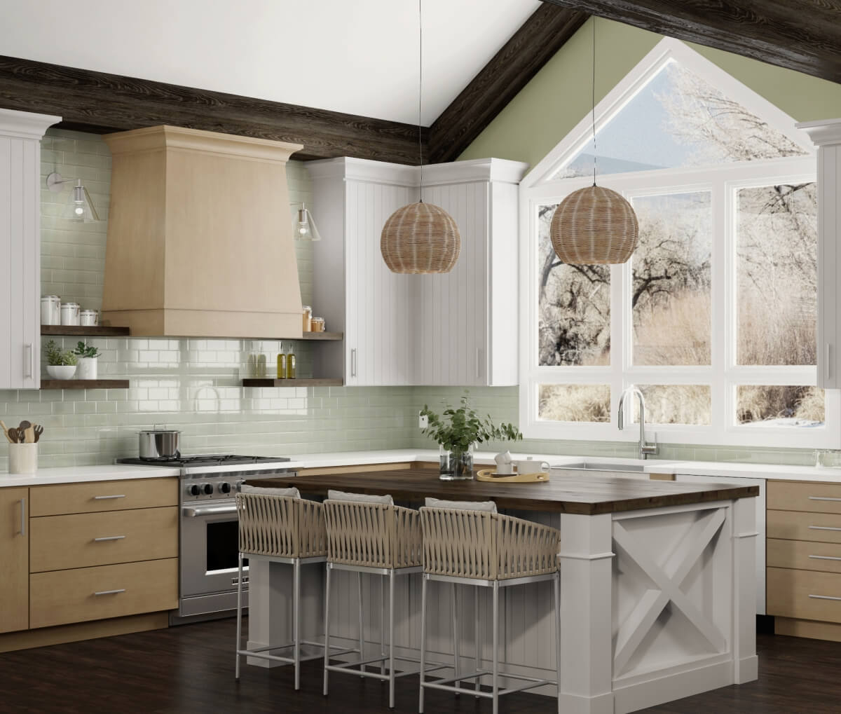 A modern danish style kitchen with scandinavian pendant lights over the shiplap kitchen island with an X Island End Cap.