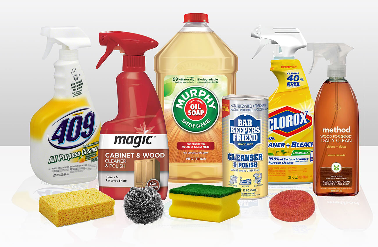 What to Do & What Not to Do when caring, cleaning, and maintaining wood kitchen cabinets. Never use any of the following cleaning products on your cabinets. Do not use Cleaners Containing Harsh Chemicals (Such as ammonia, bleach, or acidic cleaners): These can dull or harm the finish.