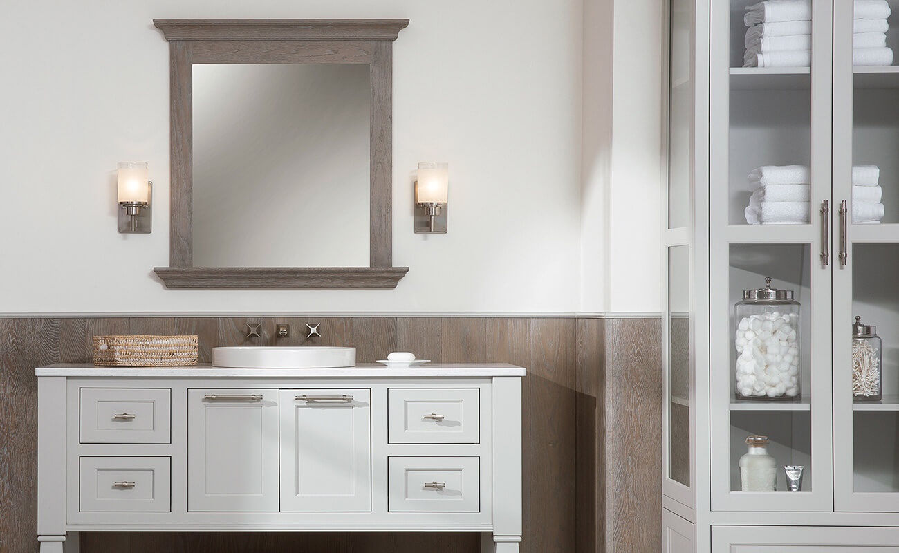 A furniture style vanity with classic inset cabinet door construction uses framed Crestwood Cabinetry from Dura Supreme. Crafted using premium joinery and materials, there is simply no better way to achieve an authentic hand-crafted look with timeless appeal.