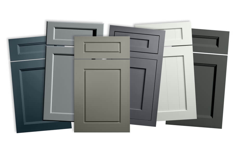 A collection of cabinet door styles show in trendy paint colors.
