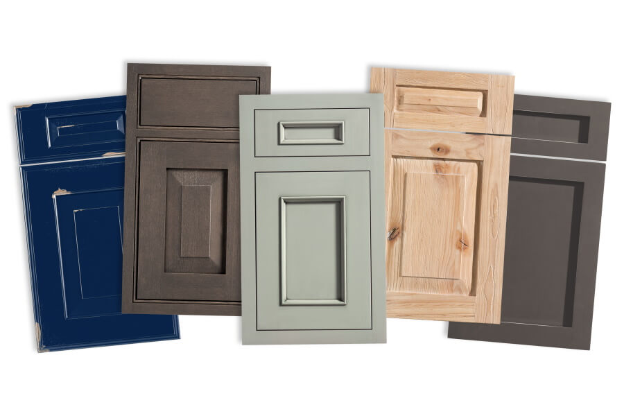 A collection of cabinet doors with a variety of unique, one-of-a-kind custom finishes from Dura Supreme's Custom Finish Program.