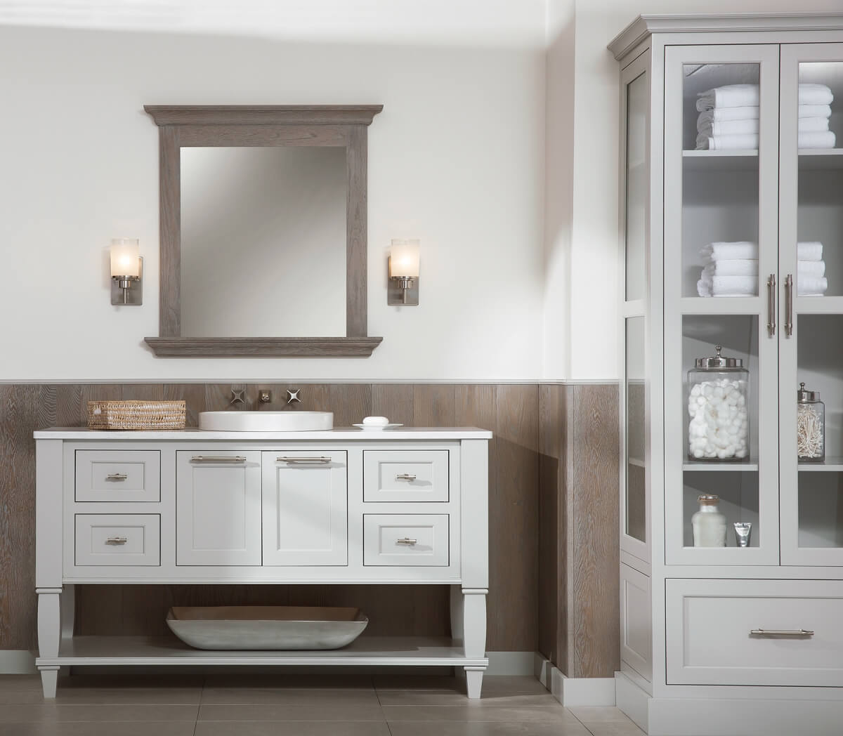A lake shore inspired bathroom with a modern farmhouse styled bathroom vanity in a light gray cabinet paint color.