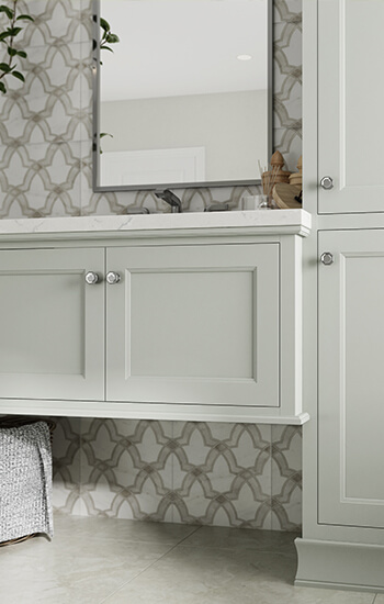 A close up of inset cabinet door construction on a bathroom vanity cabinet. An Inset door is installed flush (integrated) within the face frame opening leaving the entire 1 ½” face frame exposed.