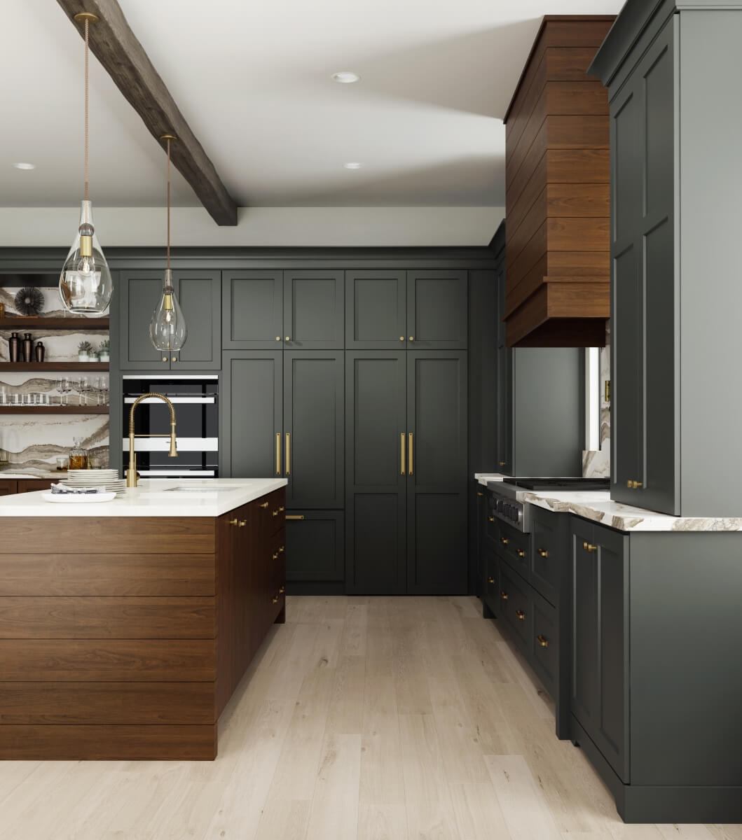 Dark gray-green and rich stained wood kitchen with modern farmhouse style, shiplap wood hood, shiplap kitchen island end cap, and brassy hardware and fixtures. Features floor-to-ceiling dark gray painted cabinets.