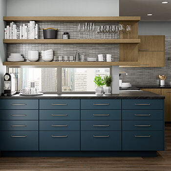 Choosing my kitchen layout. This modern city loft kitchen has a window backsplash with views of the city skyline and navy blue matte slab cabinets with floating shelves in a light stained white oak.