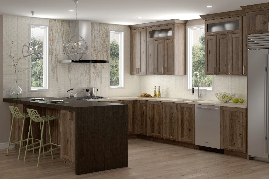 A modern casual kitchen featuring Rustic Hickory cabinets by Dura Supreme with green accents, waterfall countertop, and sleek stainless steel appliances.