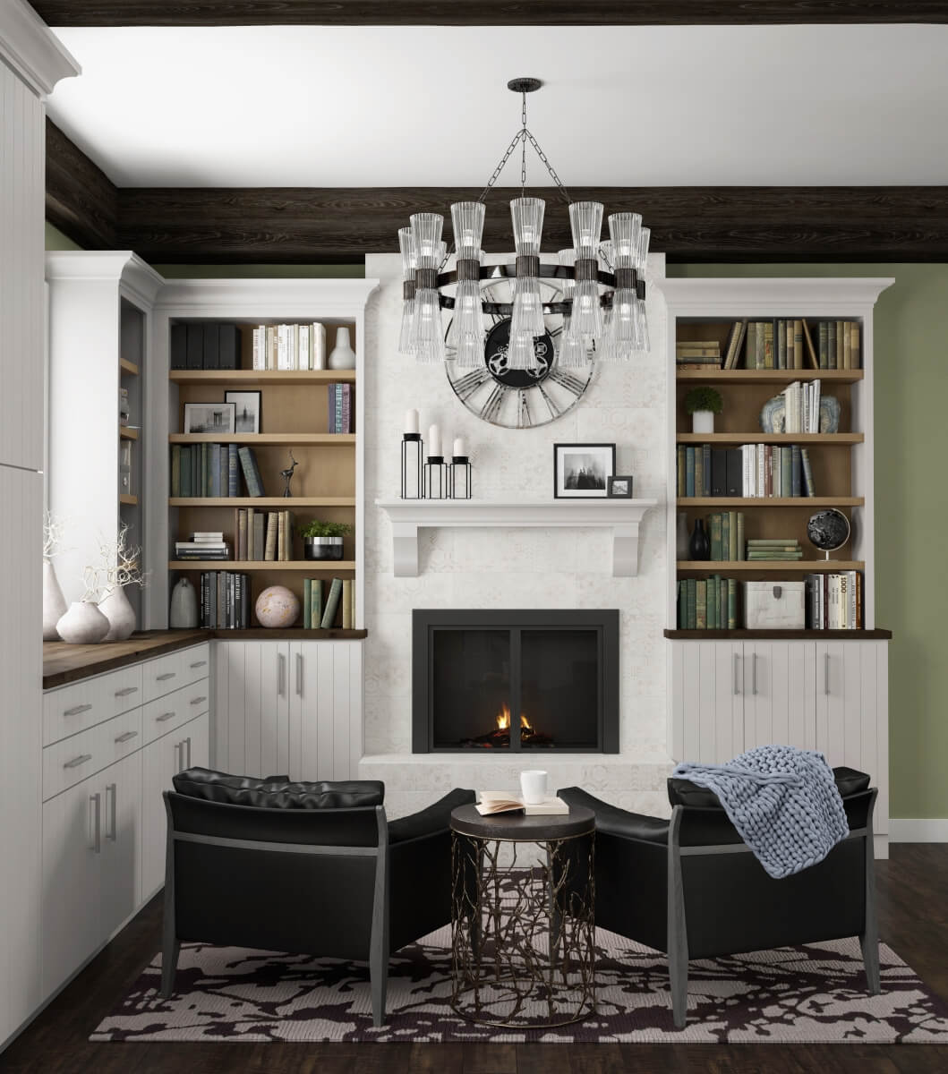 Dark wood ceiling beams around the perimeter of this hearth room define the space, all Dura Supreme Cabinetry