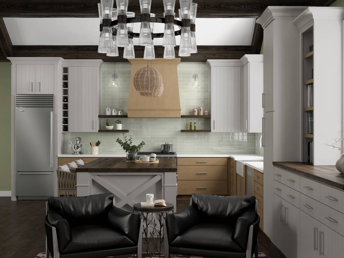 The contrasting wood hood in this two-tone kitchen attracts the eye to the cook zone.