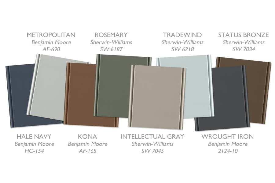 A collection of several custom paint match colors for kitchen and bath cabinetry using color matches to Sherwin-Williams and Benjamin Moore paint color.