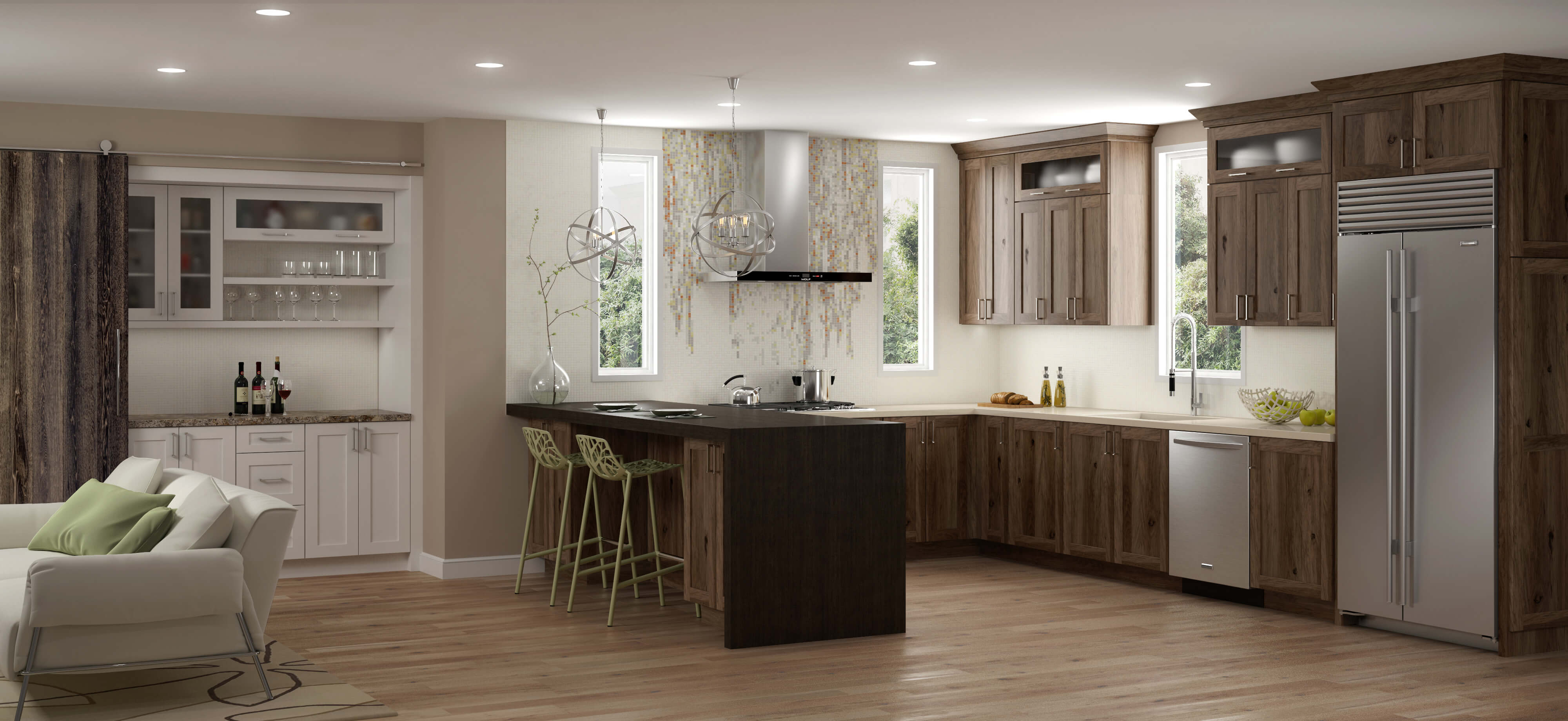 A u-shaped kitchen design in an open concept floor plan. The kitchen has an open peninsula with a hidden wet bar area behind a sliding barn door.