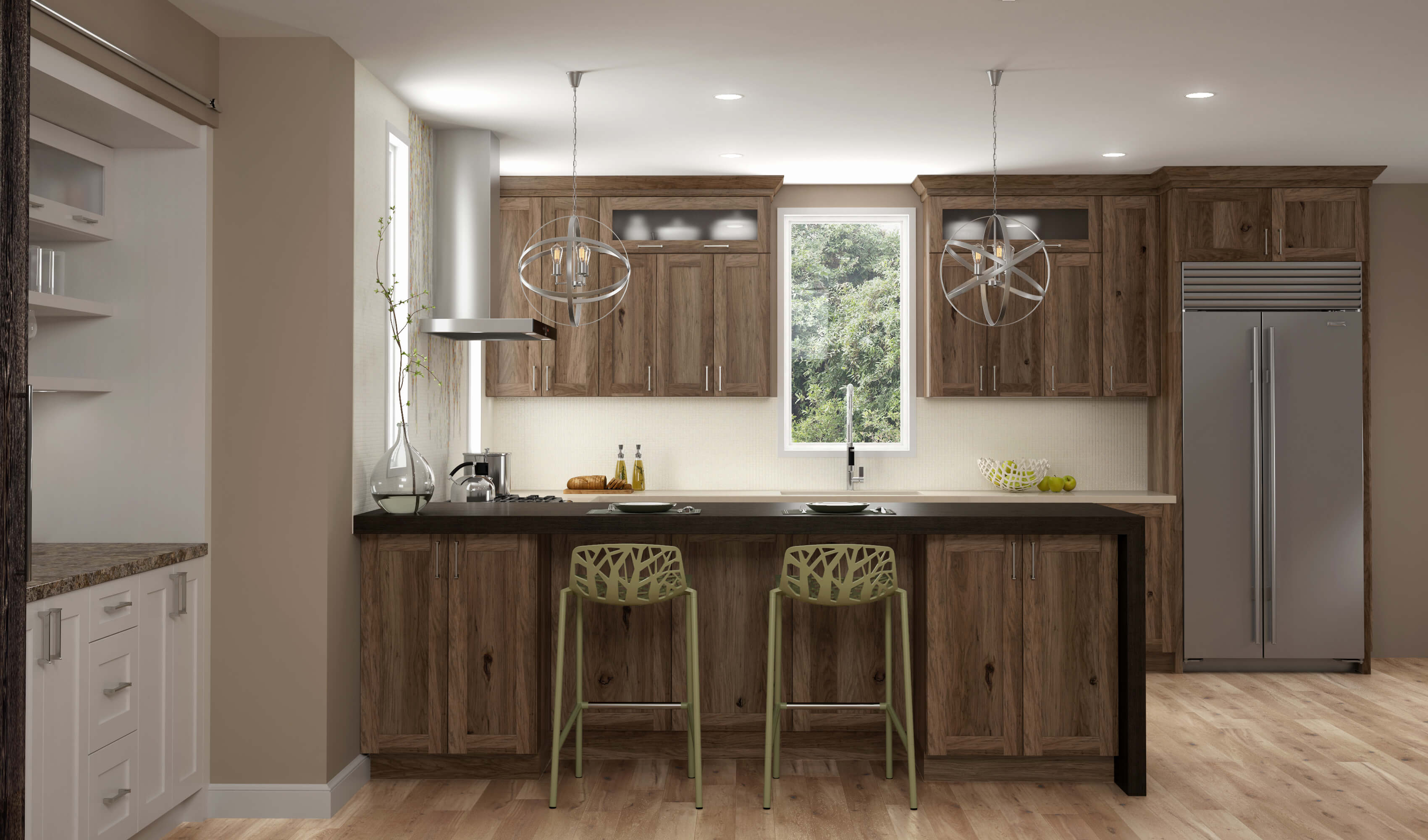 Gray stained cabinets with beautiful Hickory wood grain in a newly remodeled kitchen with a peninsula with countertop high seating for two.