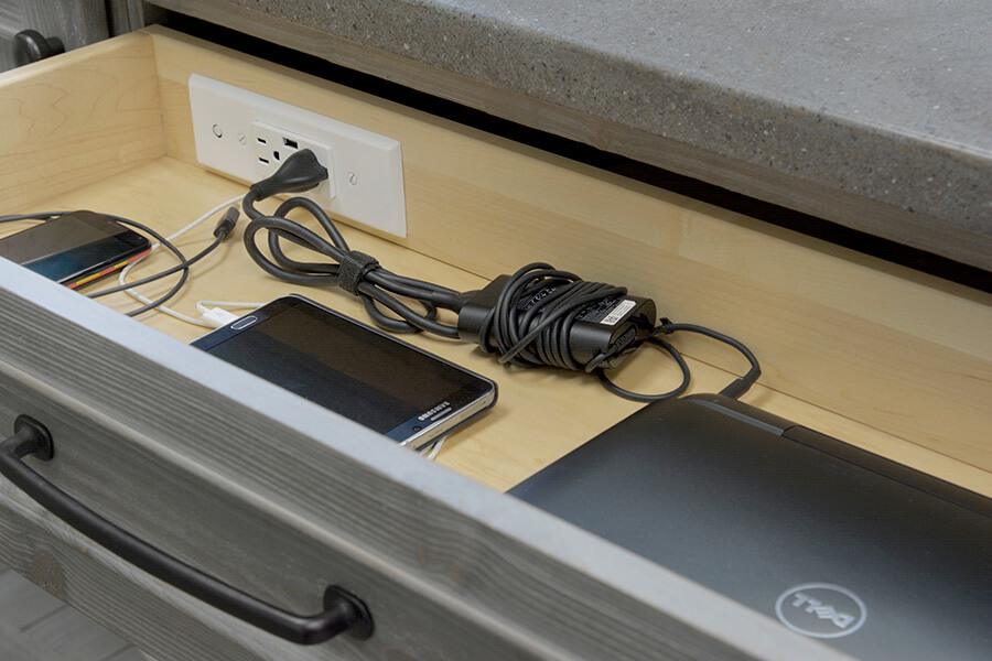 Kitchen design trends are using more integrated technology like this charging drawer for charging and powering electronic devices like mobile phones, tablets, and laptops. Interior design trends take longer to develop than fashion trend but they also remain relevant for a longer period of time.
