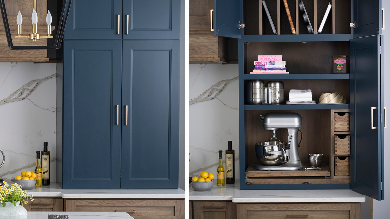 With a simple movement of a cabinet door an entire baking center can be concealed ﻿when company arrives, or revealed when it's time to bake.