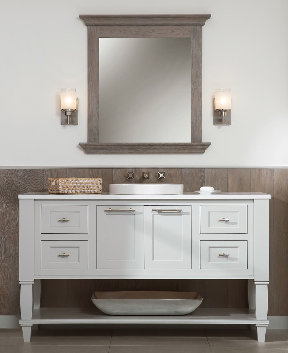 A lake shore inspired bathroom with a modern farmhouse styled bathroom vanity in a light gray cabinet paint color.