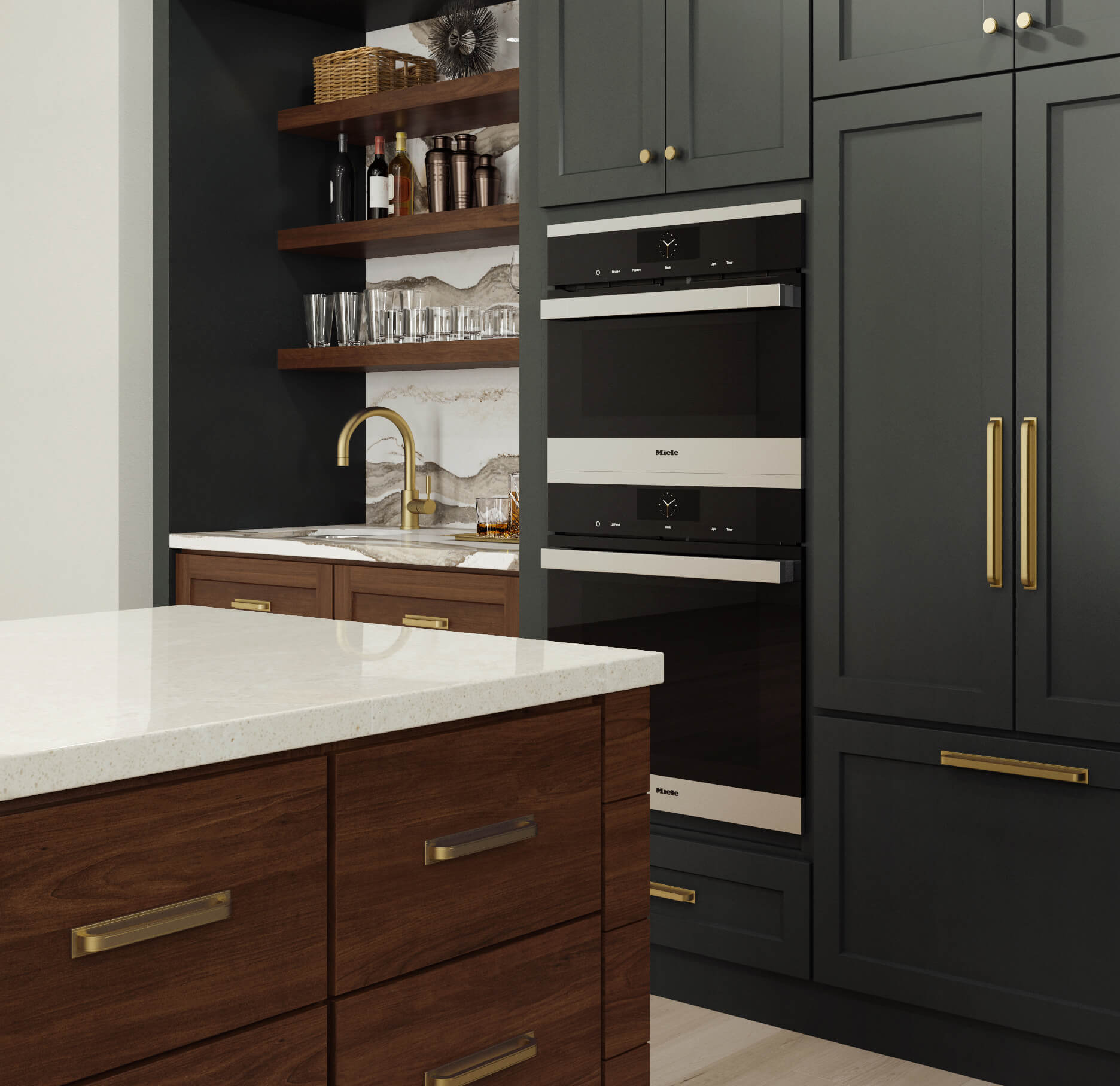 A modern farmhouse kitchen featuring Graphite painted Dura Supreme cabinets.