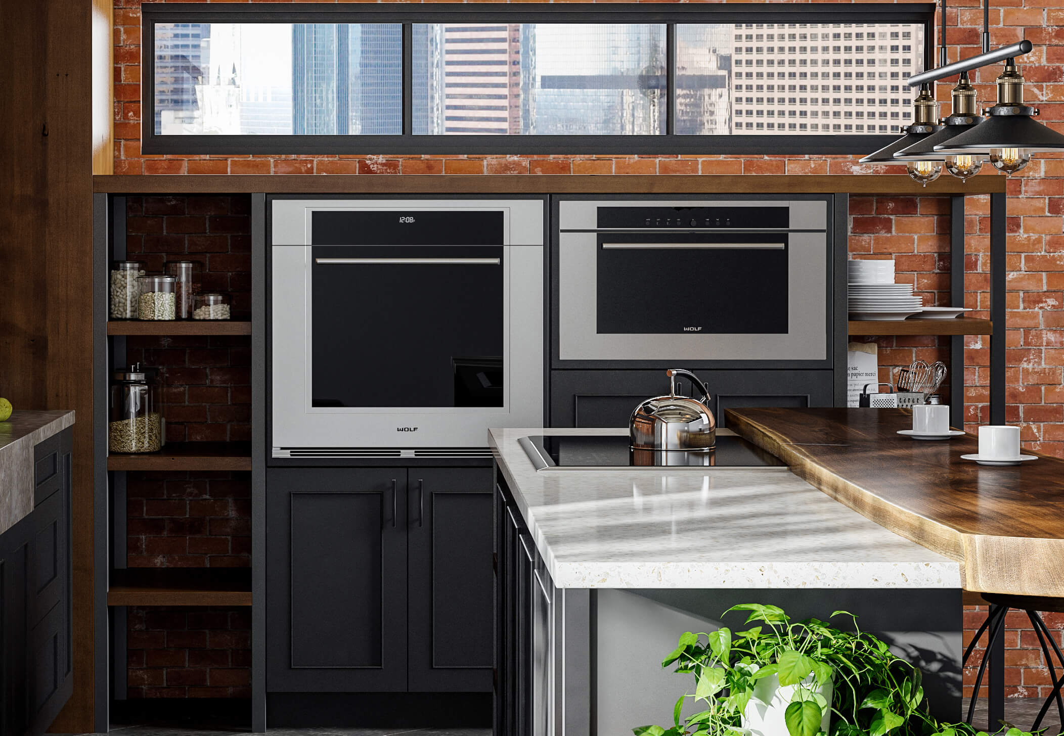 An Industrial style kitchen design in an urban loft with exposed brick walls and ductwork. The modern and rustic cabinets use a black painted finish and accents in a wood with a warm stain. Open shelves and black metal fixtures add to the style.