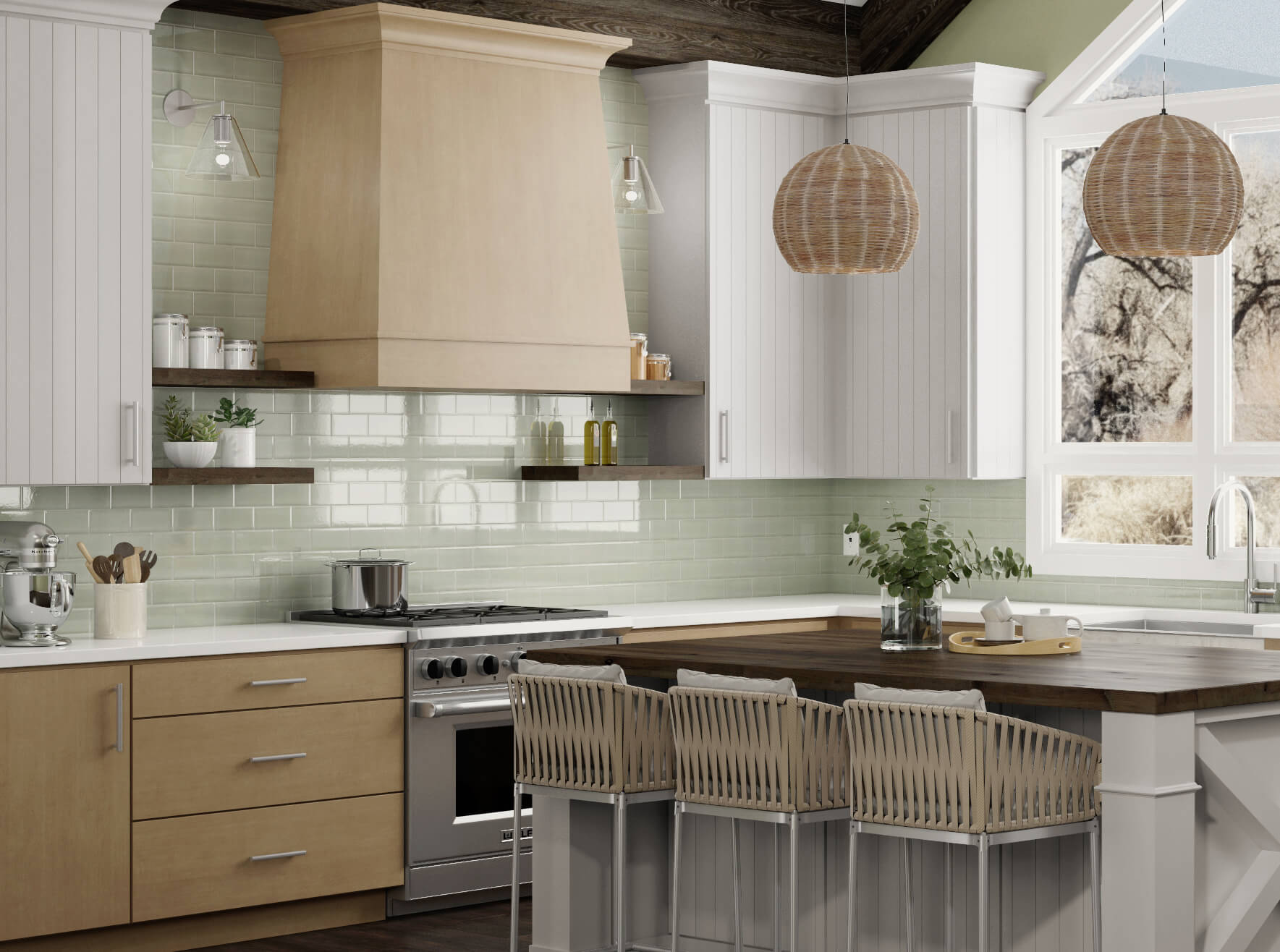 A drop-gorgeous modern farmhouse kitchen that was remodeled with a lightly stained maple wood hood and stainless steel kitchen appliances. This kitchen features white painted shiplap inspired cabinet doors and solid slab cabinet doors in light stained maple.