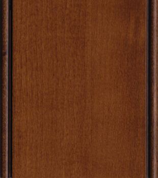 A cabinet finish sample of the Allspice stain on Maple wood with a black accent glaze detail by Dura Supreme Cabinetry. A dark cabinet color with an orange/red undertone.
