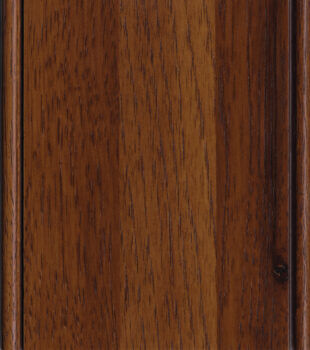 This finish color for Hickory or Rustic Hickory kitchen & bath cabinets is shown in the Allspice stained factory finish by Dura Supreme Cabinetry. A dark cabinet color with an orange/red undertone.