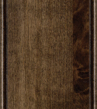 This finish color for rustic Knotty Alder kitchen & bath cabinets is shown in the Brindle stained factory finish by Dura Supreme Cabinetry. Brindle is a medium to dark stain with a true brown undertone.