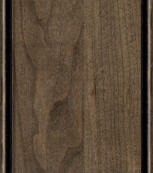 This finish color for Cherry kitchen & bath cabinets is shown in the Feather stain with a Black accent glazed finish from Dura Supreme Cabinetry. A medium to dark stain & glaze finish has a neutral brown-gray undertone.