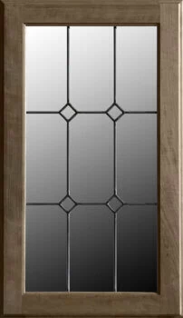 This leaded glass option LG-41, for cabinet door inserts features a 9 window pane pattern with diamond shaped panes at the center intersections.