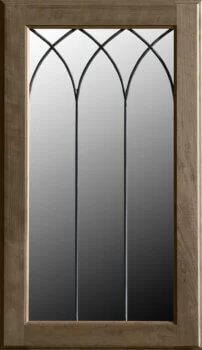 This leaded glass option LG-50, for cabinet door inserts features a beautiful 3 cathedral arched pattern with the arches just at the top of the door.