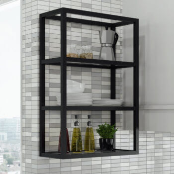 Modern open metal shelves for the kitchen. Available in multiple metal finishes, shown here in matte black.