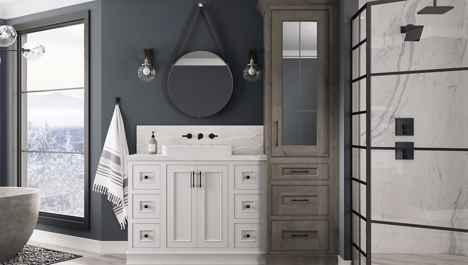 A wintery gray and white master a white painted oak vanity and a tall linen cabinet with a leaded glass mirror door.