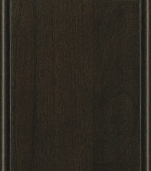 This finish color for Knotty Alder kitchen & bath cabinets is shown in the dark Poppy Seed stain by Dura Supreme Cabinetry. This dark cabinet stain color has an attractive true-brown hue with a brown-gray undertone.