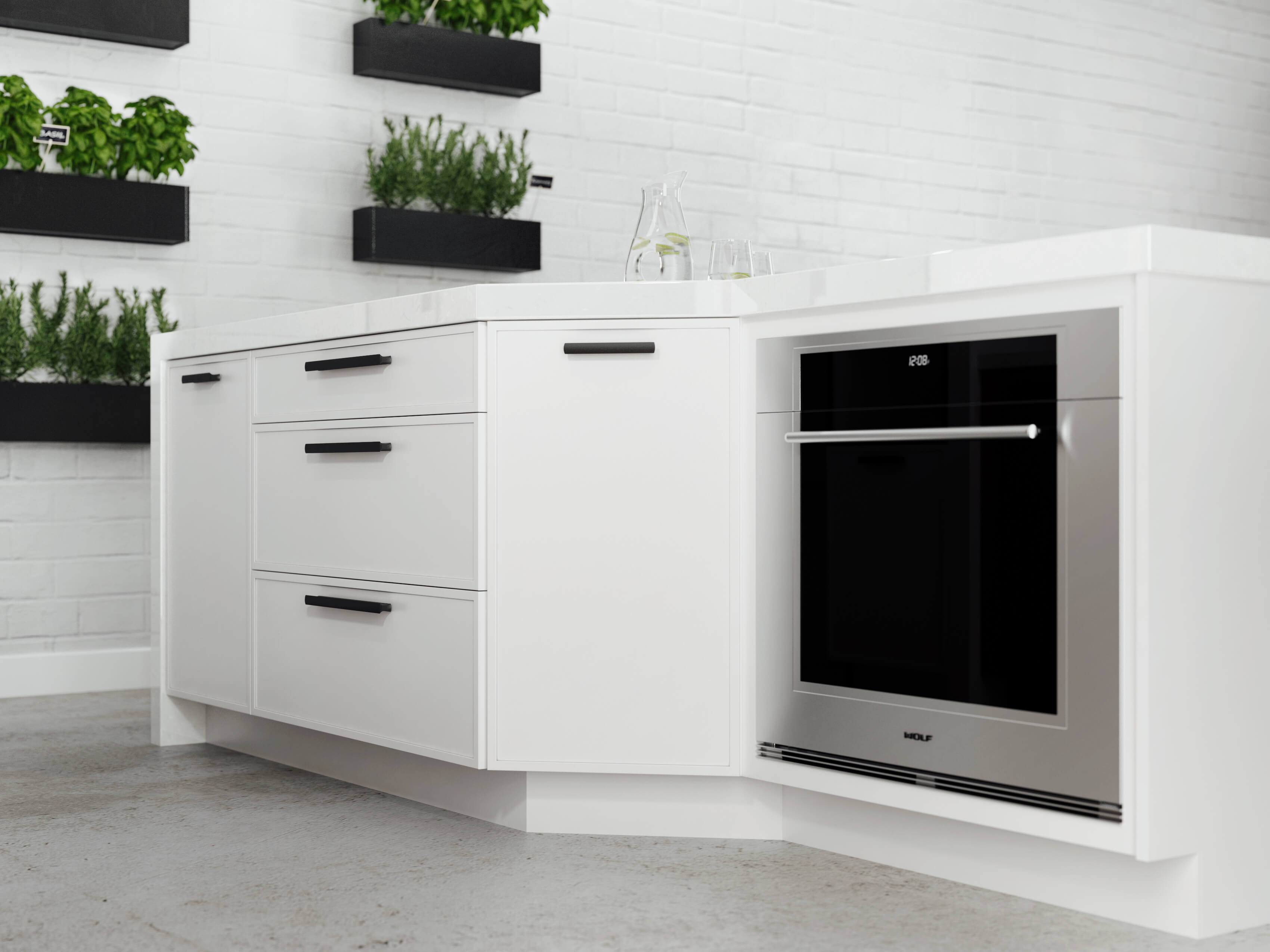 Reese Door style by Dura Supreme Cabinetry in white paint on an angled kitchen island.