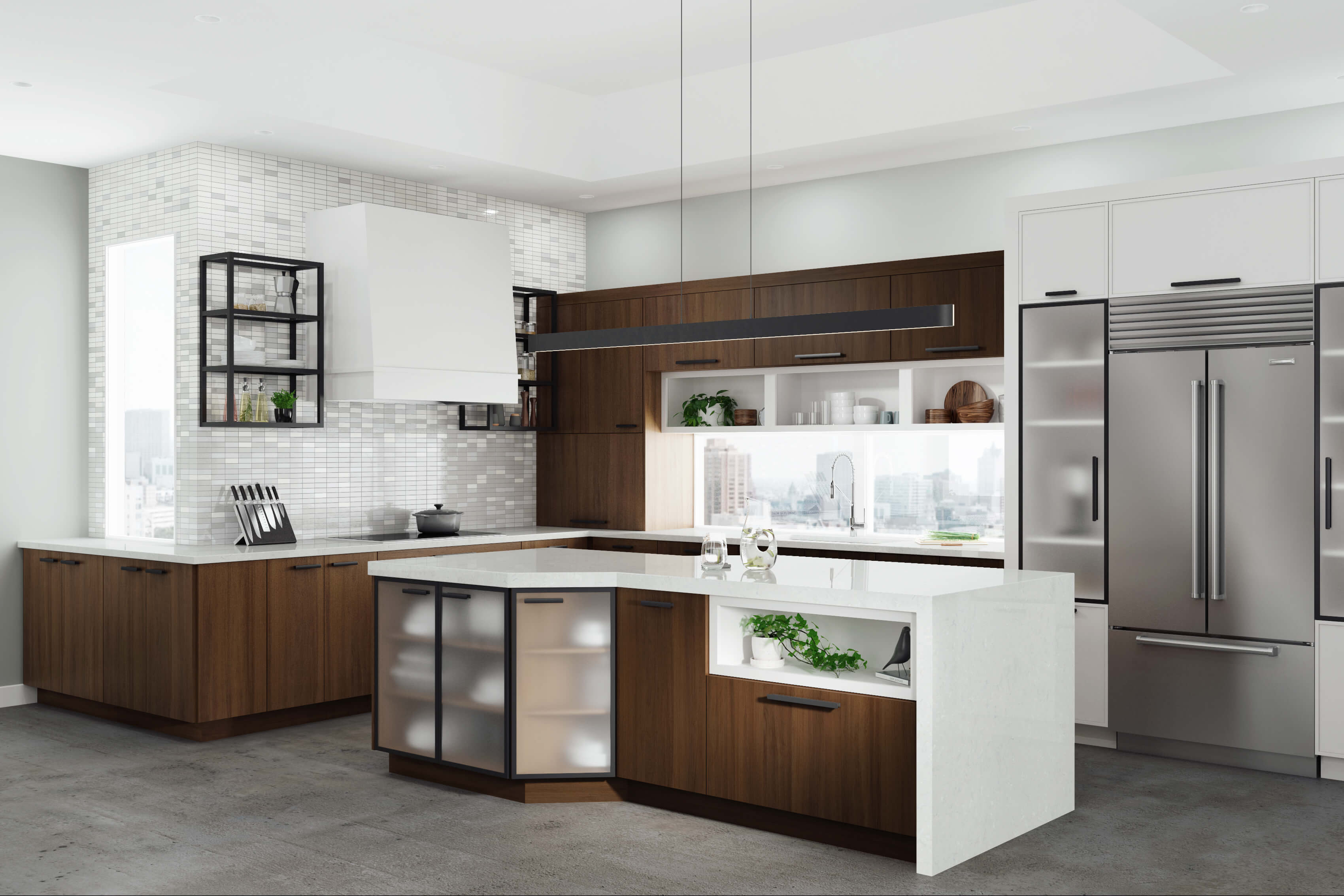 A urban city loft kitchen with walnut cabinets, a white painted modern wood hood, matte black metal cabinet doors, and floating shelves create an industrial look.