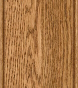 This finish color for Red Oak kitchen & bath cabinets is shown in the Butternut stained factory finish by Dura Supreme Cabinetry. A warm, light to medium stain with a yellow/gold undertone.