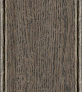 This finish color for Red Oak kitchen & bath cabinets is shown in the popular Pebble stain by Dura Supreme Cabinetry. This dark cabinet stain color has a striking gray-brown undertone.