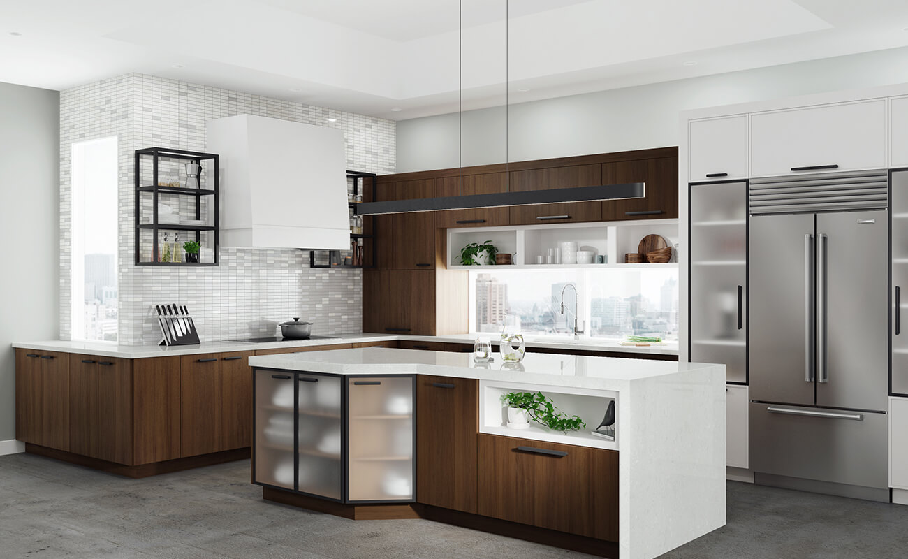 A urban city loft kitchen with walnut cabinets, a white painted modern wood hood, matte black metal cabinet doors, and floating shelves create an industrial look.