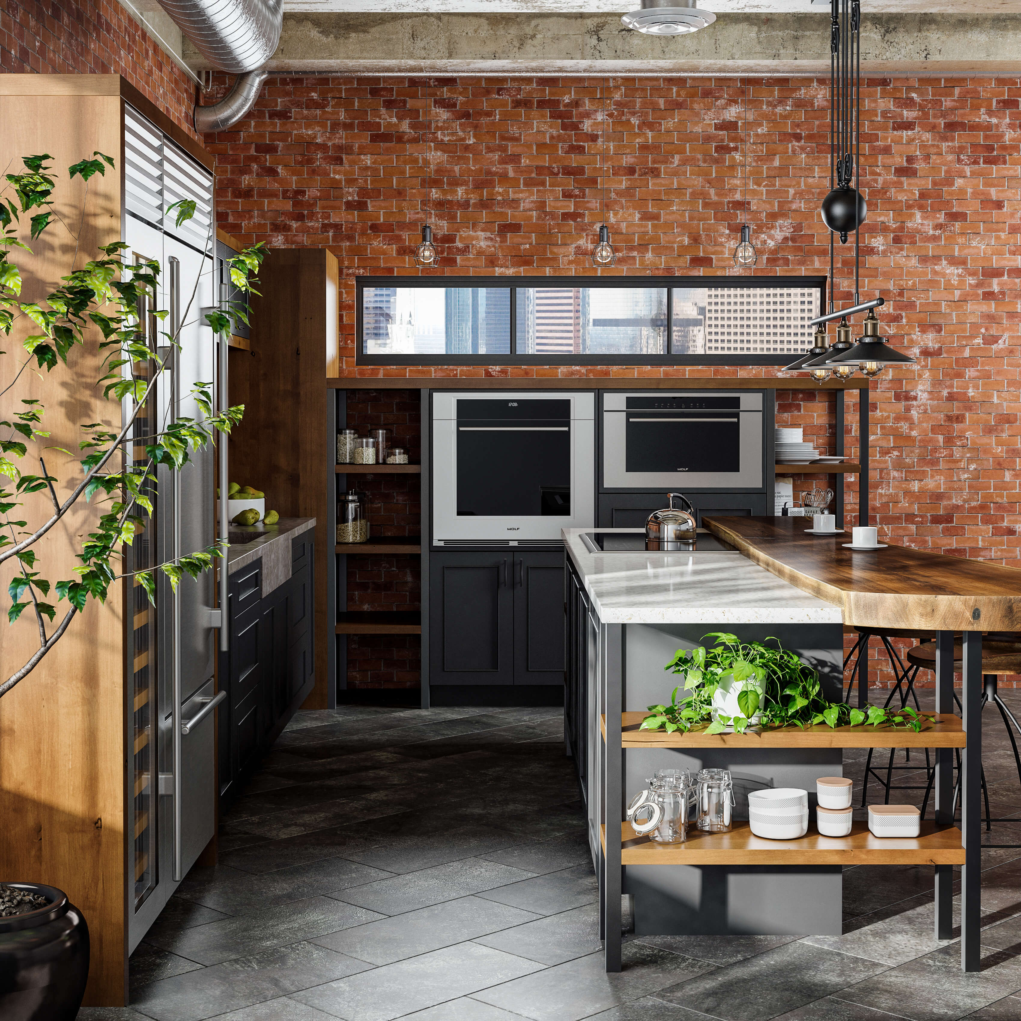 Black painted and warm stained Dura Supreme Cabinetry in an Industrial styled kitchen.