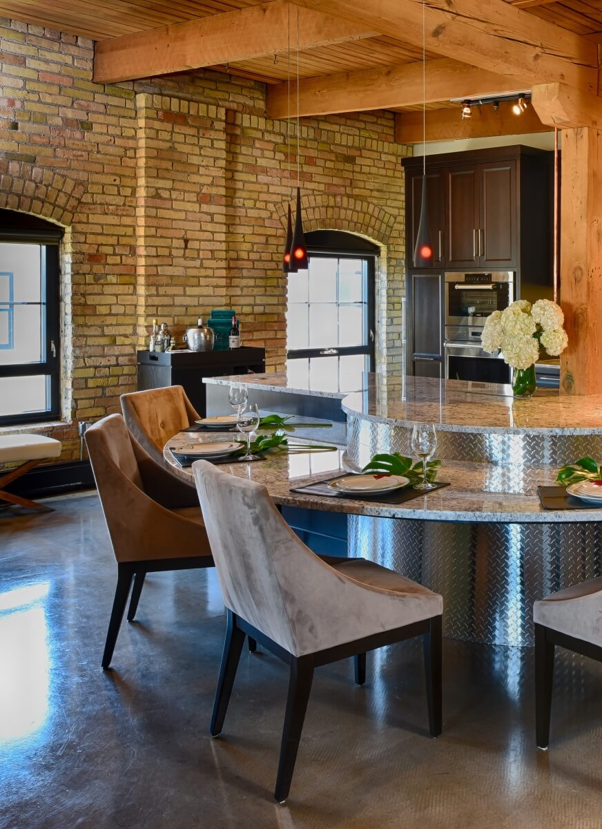 Dura Supreme Cabinetry in an Industrial styled kitchen, designed by Leslie Meyers of Studio M Interiors