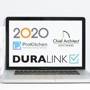 Dura Supreme Cabinetry works closely with 20-20, ProKitchen, and Chief Architect, along with our own software, DuraLink. The logos for these four programs are shown on this laptop screen.