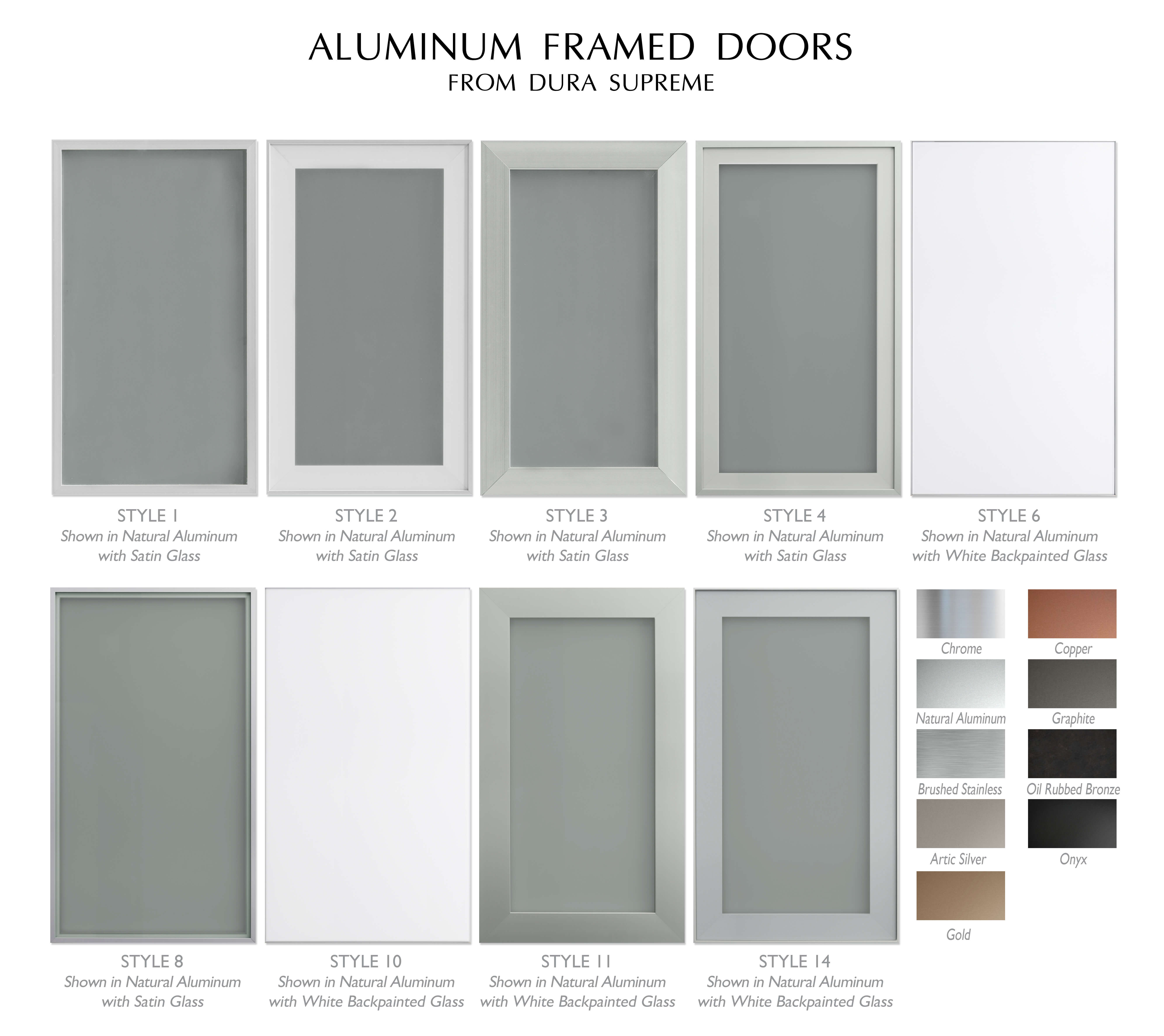 Dura Supreme Cabinetry Aluminum Framed Cabinet doors showing the collection of door style options and metal finish colors.