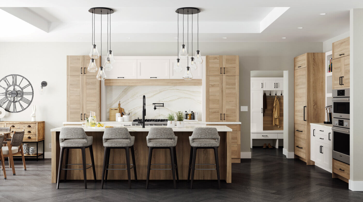 This kitchen has an American take on Scandinavian interior design style. The design features the slab Dash cabinet door style with wood plank-like details in a rustic oak texture mixed with a shaker door style in white paint. This kitchen island offers seating for four plus a kitchen sink across from the cooktop.