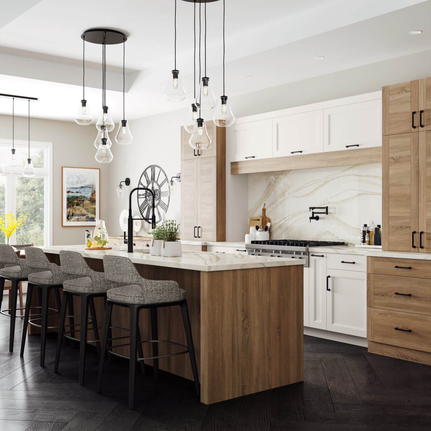 A Scandinavian styled kitchen with American-made kitchen cabinets with a lofted oak plank doors with white painted shaker doors.